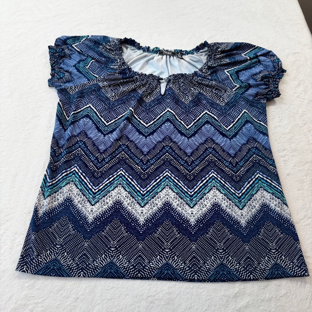 Elementz Chevron Blouse Women M Blue Good Short Sleeve Elastic Neck MITU2828